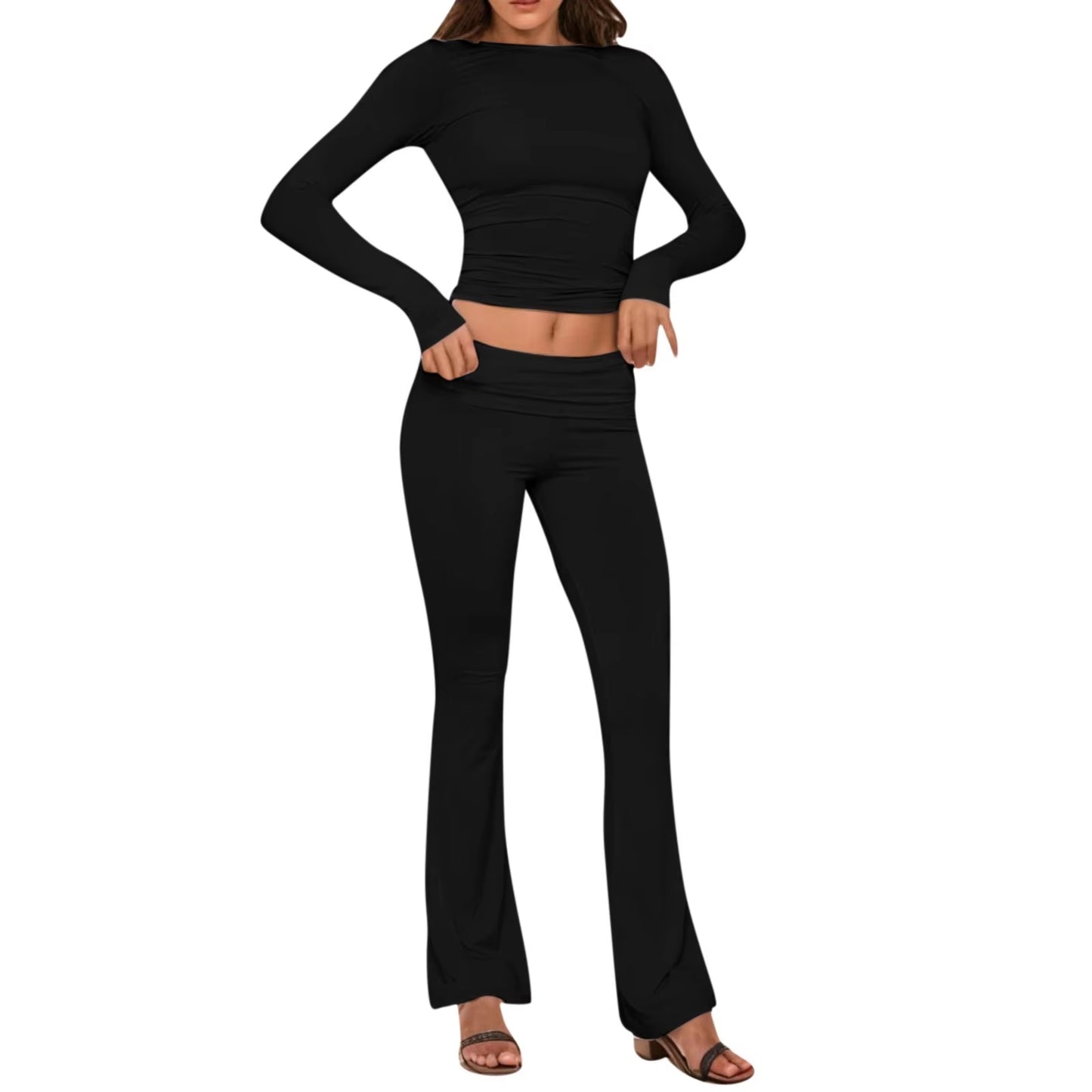 Women'S Yoga Sets Crew Neck Long Sleeve Crop Tee and Low Rise Flare Pants Tracksuit Slim Fit Two Piece Outfits