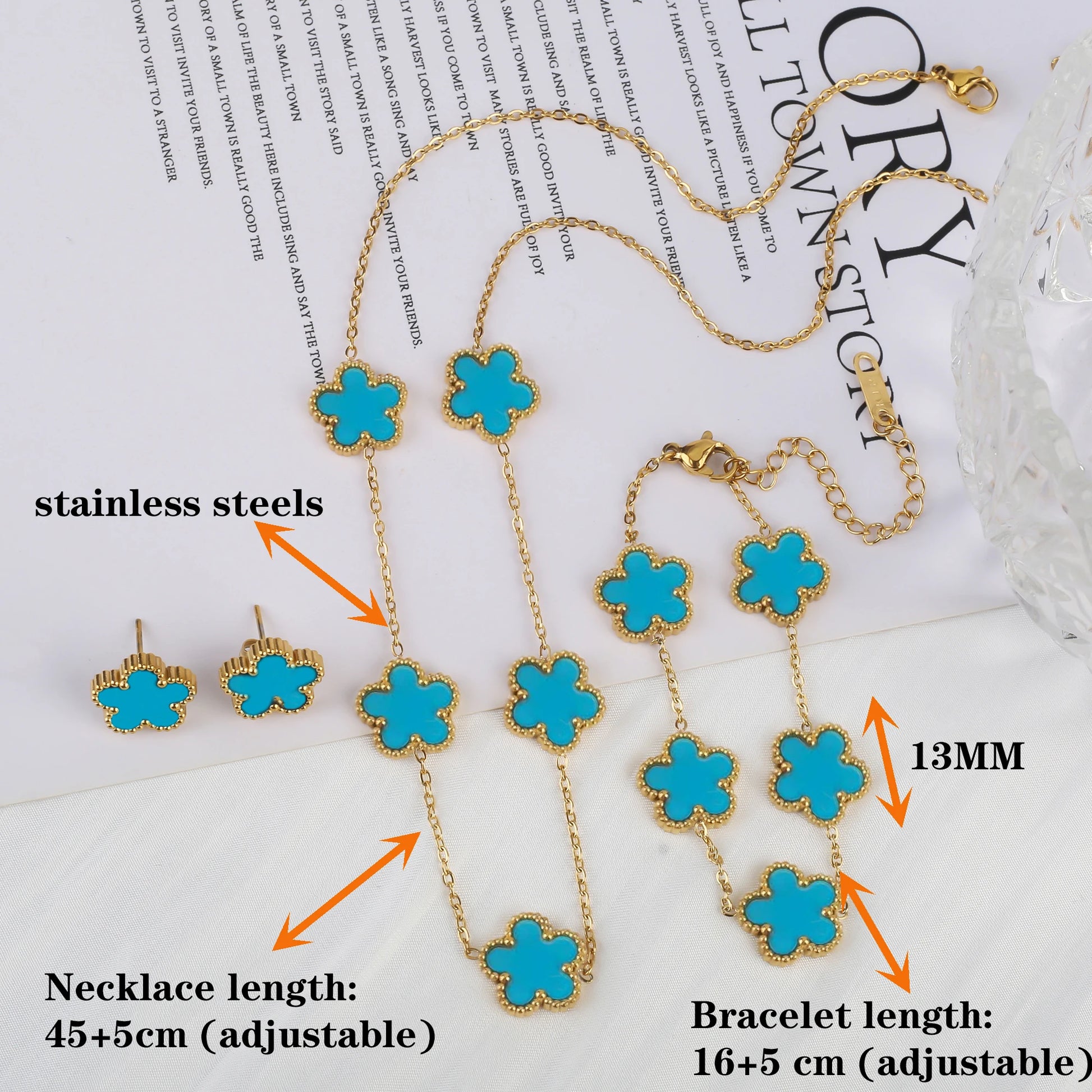 INS Hot Sale Stainless Steel Five Laef Flower Clover Bracelet Jewelry Set Necklace Earrings for Woman Daily Wear Brand Jewelry