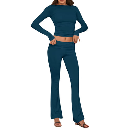 Women'S Yoga Sets Crew Neck Long Sleeve Crop Tee and Low Rise Flare Pants Tracksuit Slim Fit Two Piece Outfits