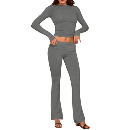 Women'S Yoga Sets Crew Neck Long Sleeve Crop Tee and Low Rise Flare Pants Tracksuit Slim Fit Two Piece Outfits