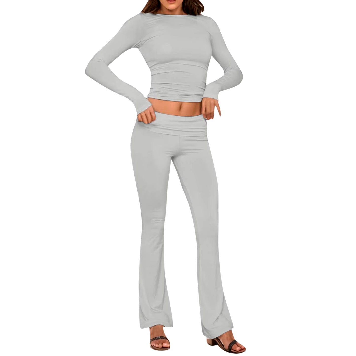 Women'S Yoga Sets Crew Neck Long Sleeve Crop Tee and Low Rise Flare Pants Tracksuit Slim Fit Two Piece Outfits